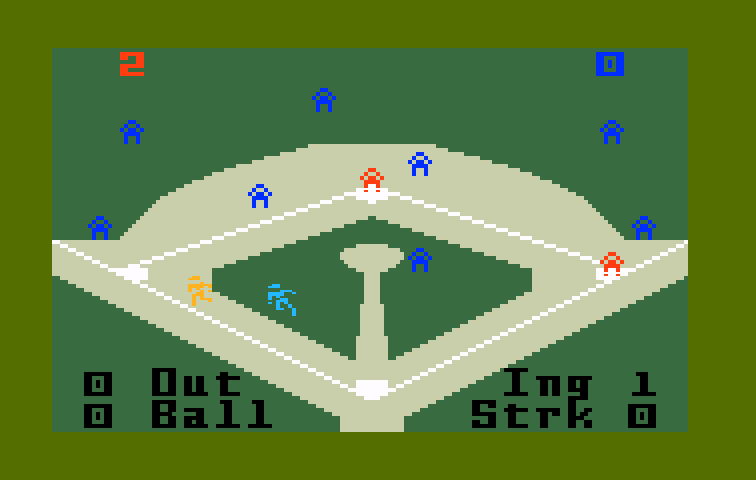 World Championship Baseball Intellivision Screenshot: Chasing a player back to third.
