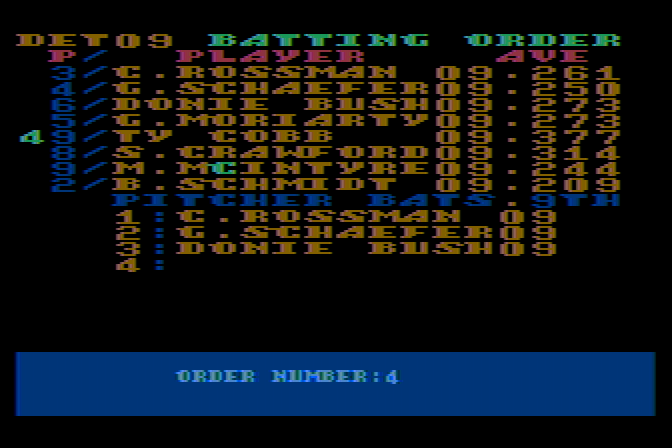 Monday Morning Manager Atari 8-bit Screenshot: Set the batting order.