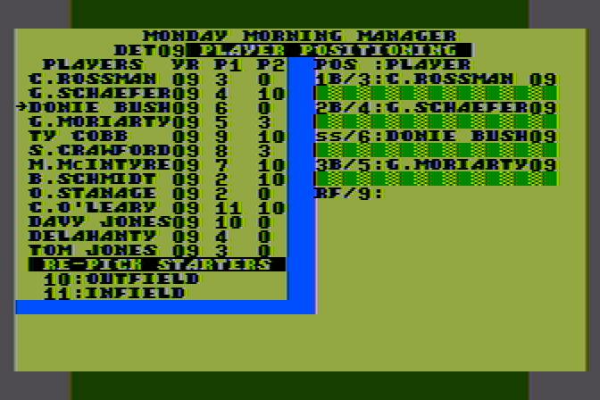 Monday Morning Manager Atari 8-bit Screenshot: Selecting positions.