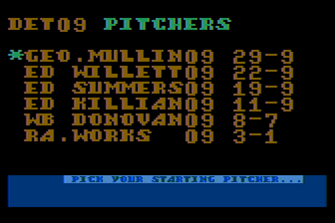 Monday Morning Manager Atari 8-bit Screenshot: Select a starting pitcher.