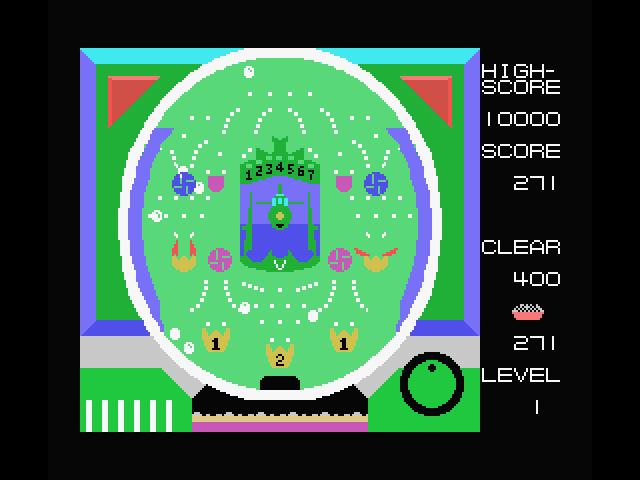 Pachinko-U.F.O. MSX Screenshot: Numerous balls in play on the board.