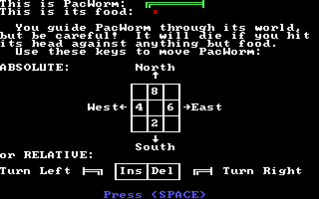 PacWorm IBM PC/Compatibles Screenshot: Game instructions, part 1.