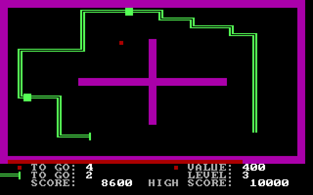 PacWorm IBM PC/Compatibles Screenshot: Don't crash into the wall or your tail!