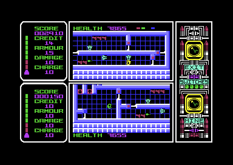 Captain Fizz Meets the Blaster-Trons Commodore 64 Screenshot: There are targets all over the place to blast, and many doors to unlock!