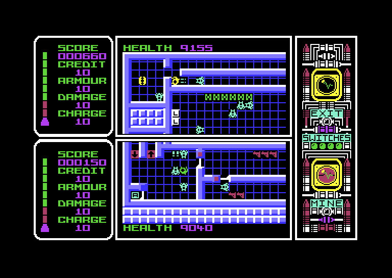 Captain Fizz Meets the Blaster-Trons Commodore 64 Screenshot: Thanks to the split screen each player can wander to different parts of the maze at the same time.