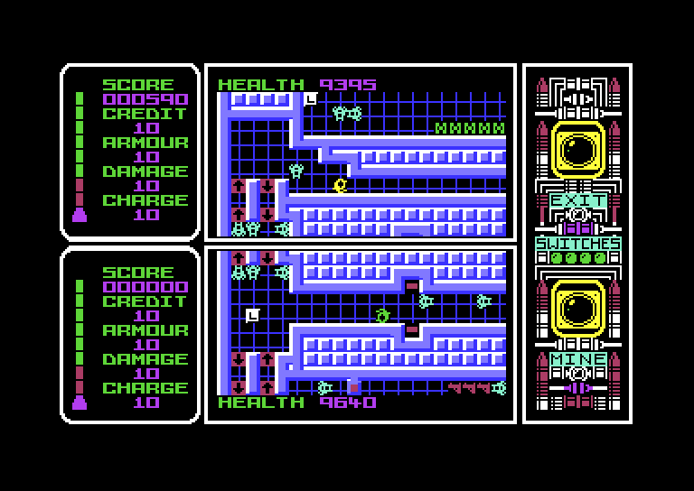 Captain Fizz Meets the Blaster-Trons Commodore 64 Screenshot: The up and down arrows indicate which direction you can move through those blocks.