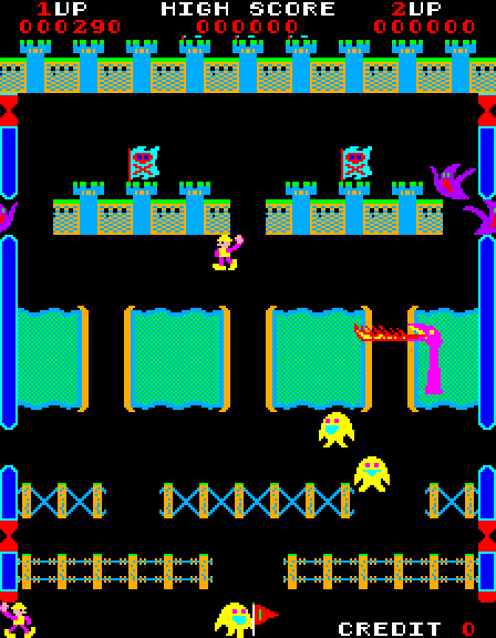 Naughty Boy Arcade Screenshot: Watch out for those fire breathing dragons!