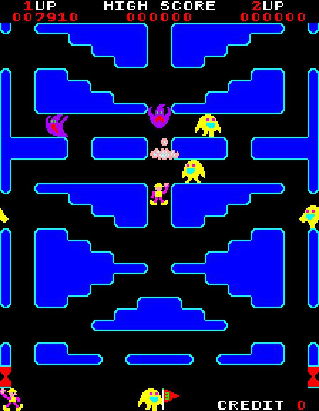 Naughty Boy Arcade Screenshot: Throwing rocks at creatures...