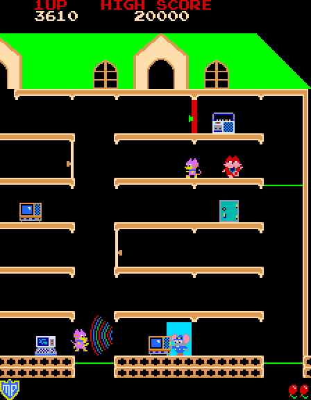 Mappy Arcade Screenshot: Radioactive doors release a burst that knocks down enemies.