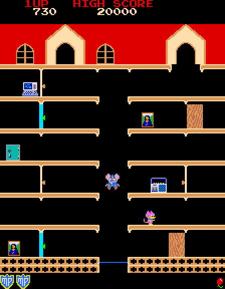 Mappy Arcade Screenshot: Use trampolines to jump between platforms.