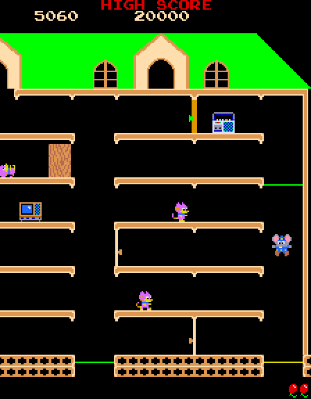 Mappy Arcade Screenshot: On the second level trampolines appear in more locations creating a maze.