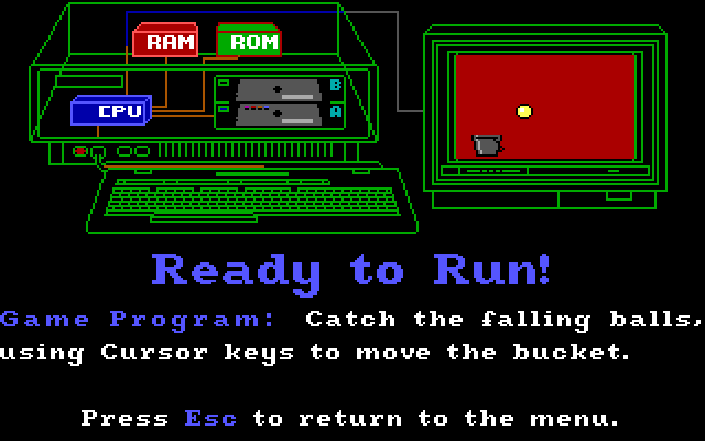 FUNdamentals, The IBM PC/Compatibles Screenshot: A simple game program; catch the ball in the bucket!