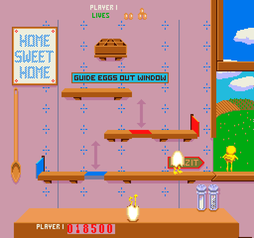 Chicken Shift Arcade Screenshot: A baby chicken flies away!