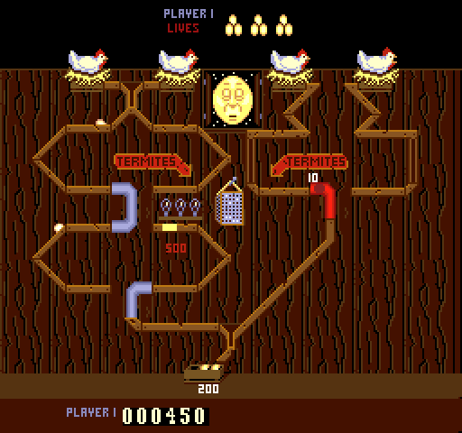 Chicken Shift Arcade Screenshot: Move the red and blue tubes to make sure eggs reach the bottom of the screen.
