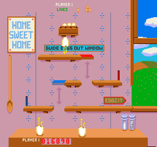 Chicken Shift Arcade Screenshot: Now I need to guide eggs out the window...