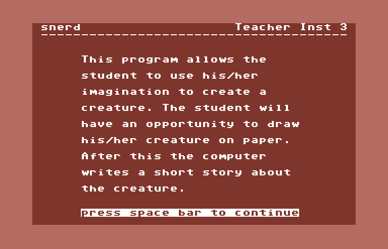Games III Commodore 64 Screenshot: Snerd: teacher instructions.