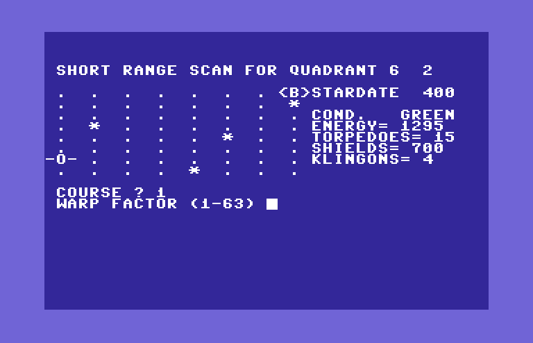 Games III Commodore 64 Screenshot: Star Trek: enter warp factor!