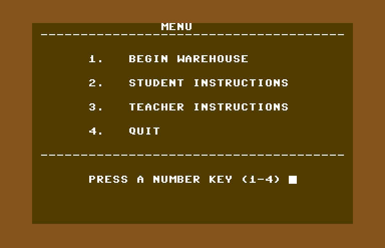 Games III Commodore 64 Screenshot: Warehouse: main menu.