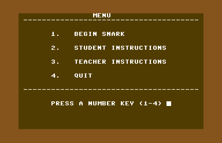 Games III Commodore 64 Screenshot: Snark: main menu.