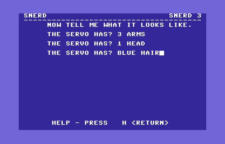 Games III Commodore 64 Screenshot: Snerd: answering some questions...