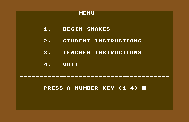 Games III Commodore 64 Screenshot: Snakes: main menu.