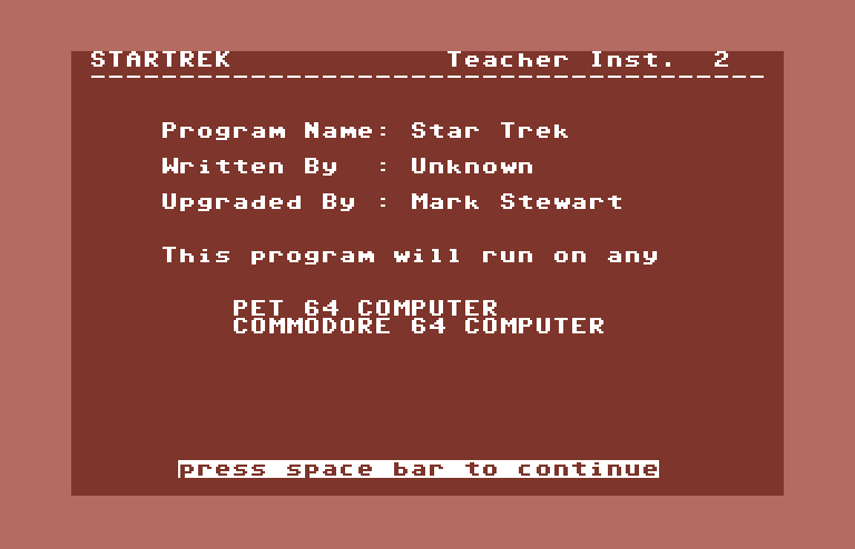 Games III Commodore 64 Screenshot: Star Trek: credits screen.