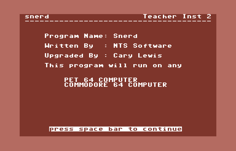 Games III Commodore 64 Screenshot: Snerd: teach instructions / credits.