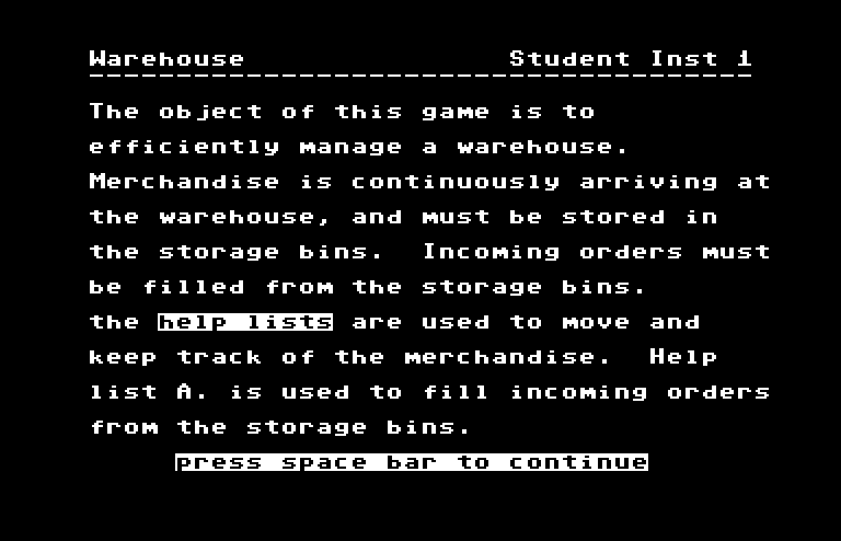 Games III Commodore 64 Screenshot: Warehouse: game instructions.