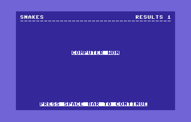 Games III Commodore 64 Screenshot: Snakes: computer won this round!