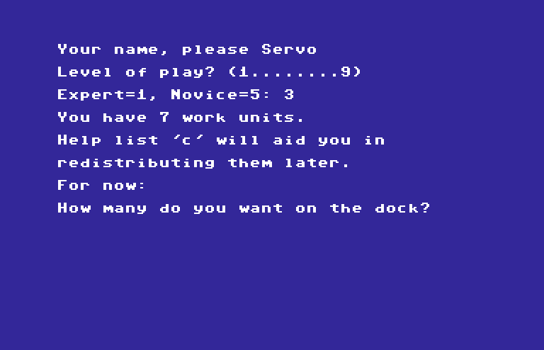 Games III Commodore 64 Screenshot: Warehouse: select a few game options.