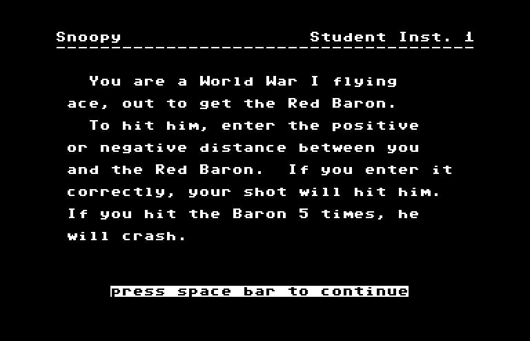 Games III Commodore 64 Screenshot: Snoopy: Instructions, page 1.
