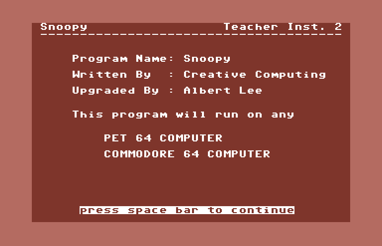 Games III Commodore 64 Screenshot: Snoopy: Teacher instructions.