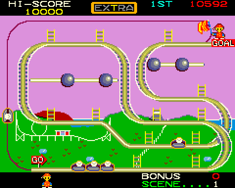 Mr. Do's Wild Ride Arcade Screenshot: Goal! Scene 1 completed.