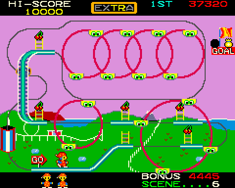 Mr. Do's Wild Ride Arcade Screenshot: Scene 6 features some looping platforms.