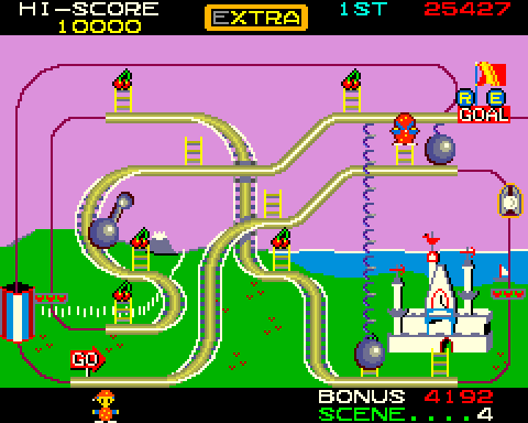 Mr. Do's Wild Ride Arcade Screenshot: Don't get hit by the balls on the springs!