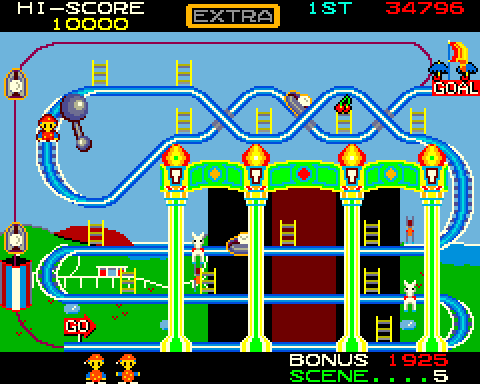 Mr. Do's Wild Ride Arcade Screenshot: Don't get hit by that rotating ball in the upper left!