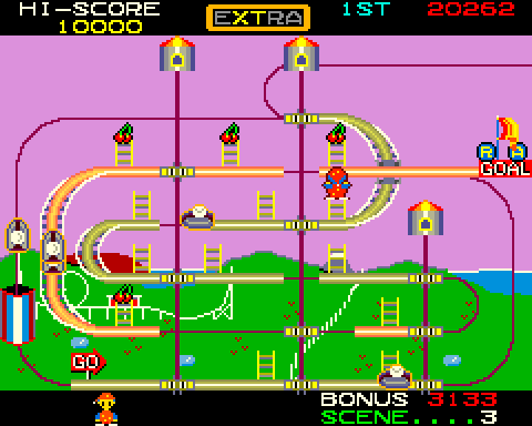Mr. Do's Wild Ride Arcade Screenshot: Climb ladders to avoid getting hit by rollercoasters.