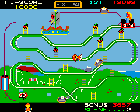 Mr. Do's Wild Ride Arcade Screenshot: Oh no, I was knocked over by a rollercoaster!