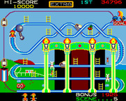 Mr. Do's Wild Ride for Arcade - Don't get hit by that rotating ball in the upper left!