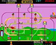 Mr. Do's Wild Ride for Arcade - Climb ladders to avoid getting hit by rollercoasters.