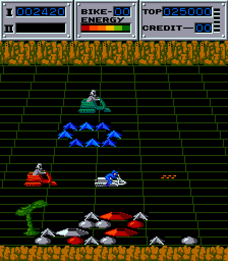 Seicross Arcade Screenshot: Avoid obstacles on the landscape too.
