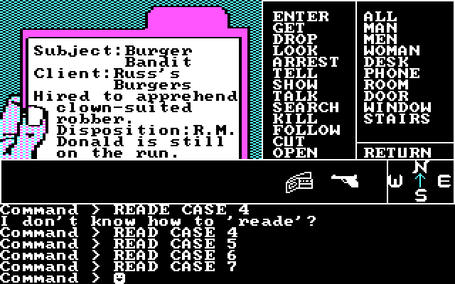 Borrowed Time IBM PC/Compatibles Screenshot: Reading all of the cases for work today