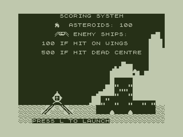 Space Mission Dragon 32/64 Screenshot: Game start; press "L" to launch!