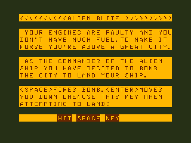 Alien Blitz Dragon 32/64 Screenshot: Game instructions.