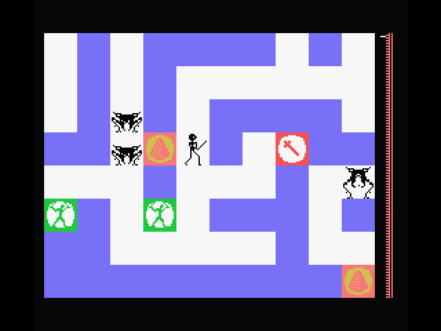 Maziacs MSX Screenshot: Grab food when you can so your energy doesn't run out.