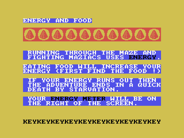 Maziacs MSX Screenshot: You'll want to grab some food on your quest...