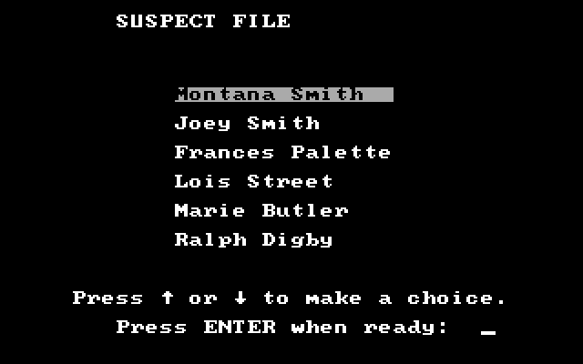 Tales of Mystery IBM PC/Compatibles Screenshot: The suspect file.