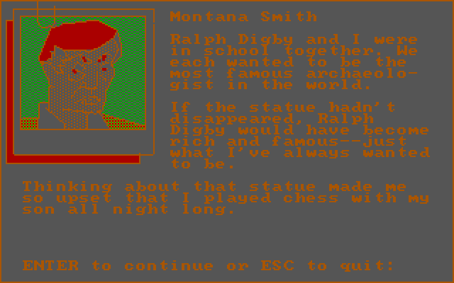 Tales of Mystery IBM PC/Compatibles Screenshot: Viewing the information on Montana Smith.