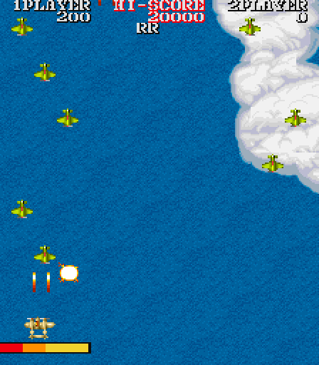 1943: The Battle of Midway Arcade Screenshot: Shooting an enemy squadron.