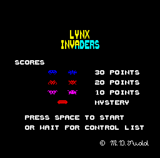 Lynx Invaders Camputers Lynx Screenshot: Title screen.